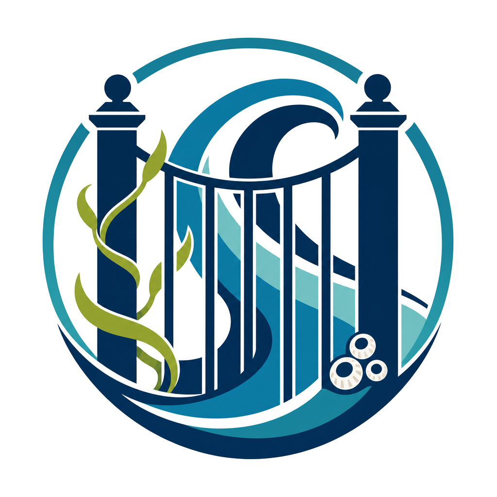 TideGate emblem — Poseidon's gate, waves, kelp and shellfish